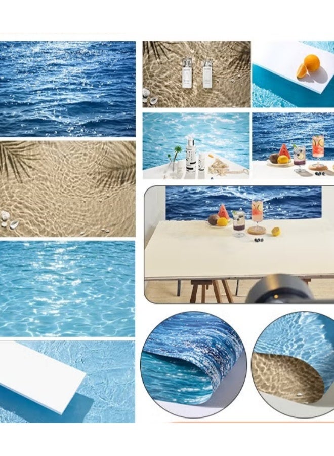 2pcs مزدوجة الجانب التصوير الفوتوغرافي الخلفية ،(87X57CM) 4 أنماط البحر الأزرق الماء موجة ورقة مقاومة للماء ، سطح الطاولة الخلفية للمجوهرات الغذائية مستحضرات التجميل ماكياج صورة النار - Image 1